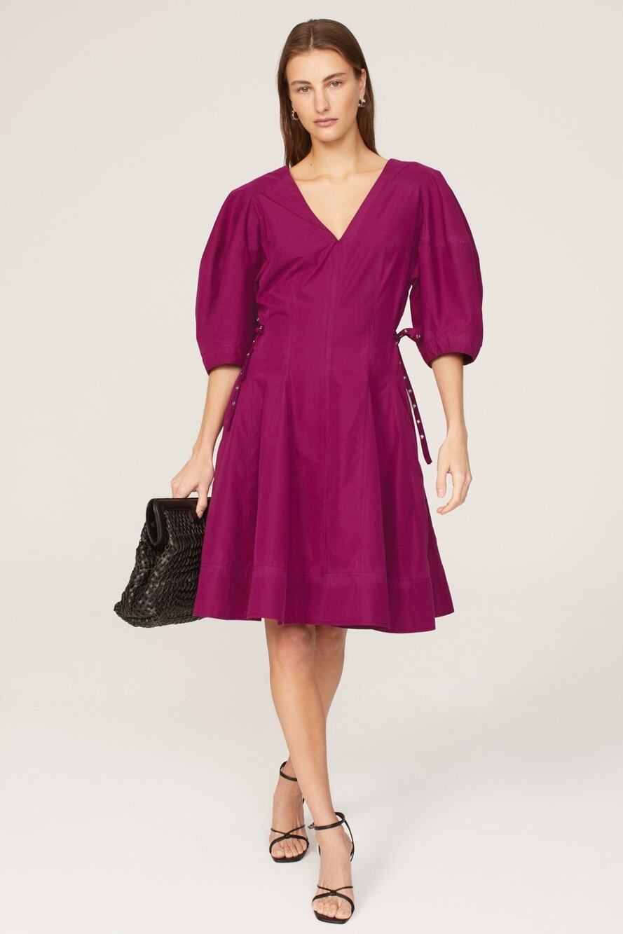 3.1 PHILLIP LIM Purple A-Line V-Neck Puff Sleeves Godet Belted Dress Size 2